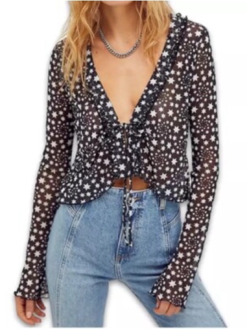 Free People Black Star-Print Tie-Front Sheer Crop Blouse